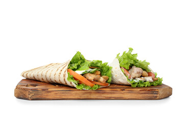 Board with tasty doner kebabs on white background