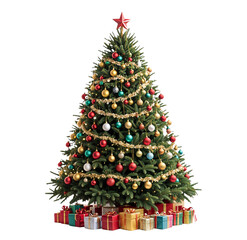 A festive Christmas tree adorned with colorful ornaments, twinkling lights, and a sparkling star, embodying holiday spirit and cheer isolated transparent image
