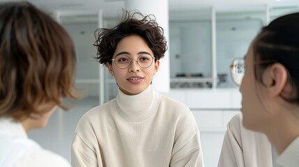Fototapeta premium Portrait of business people discussing strategies in a modern workspace, highlighting the synergy of collaboration, moral integrity, and environmental awareness in driving successful outcomes