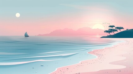 A minimalist flat design illustration of a tranquil beach scene