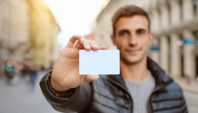 casual man on a busy city street, showing an empty business card close to the camera, focus on the business card mockup, personal branding, entrepreneur.