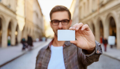 casual man on a busy city street, showing an empty business card close to the camera, focus on the business card mockup, personal branding, entrepreneur.