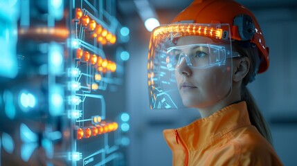 Obraz premium Double exposure image of engineers in a factory at twilight, emphasizing dedication and modern technology driving their electrical and mechanical tasks Illustration, Image, , Minimalism,
