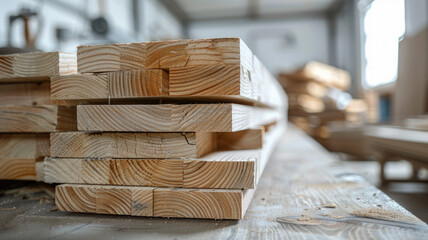 Stack of wooden planks in a carpentry workshop.