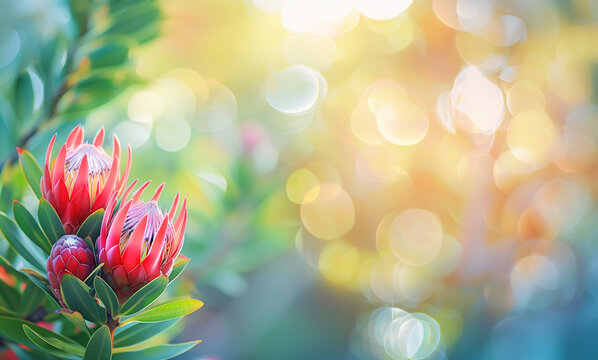 Close-Up Of Red Proteas In Bloom On A Sunny Day. Generative AI