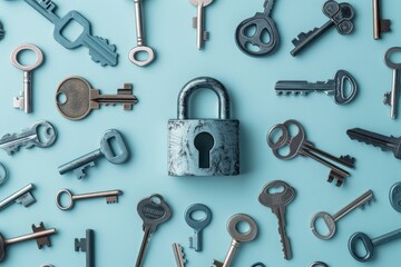 Obraz premium A padlock surrounded by keys on a blue background