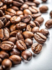 Naklejka premium Close-up of coffee beans on a white surface, macro, rich brown tones
