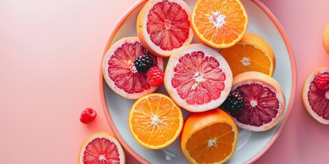 Citrus Fruits and Berries on a White Plate