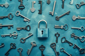 Obraz premium A padlock surrounded by keys on a blue background