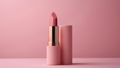 Elegant pink lipstick on plain background
