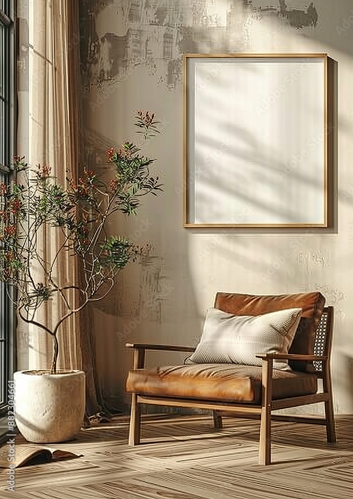 Poster A cozy reading nook with a leather armchair, a potted plant beside it, and a blank wooden frame, all bathed in warm, natural light in a rustic setting.