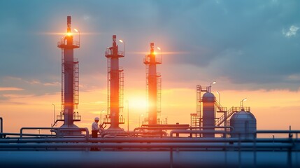 Fototapeta premium Silhouette of technicians working in a refinery at twilight, with double exposure of mechanical components, illustrating determination and technological progress Illustration, Image, , Minimalism,