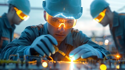 Double exposure image of dedicated technicians and engineers working on electrical systems in a factory, with silhouettes against a twilight backdrop, showcasing modern technology and hard work
