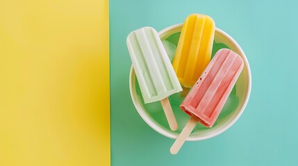 Ice popsicle ice cream in the bucket on yellow and light green background