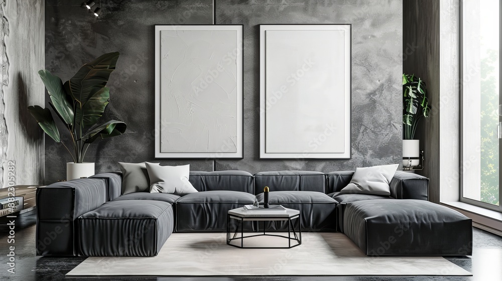 Sticker This image depicts a luxurious modern living room with a gray sectional sofa, minimalist decor elements, and large blank canvases on the wall.