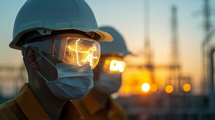Double exposure image of engineers in a factory, silhouetted against a twilight sky, demonstrating the hard work and cutting-edge technology in electrical and mechanical work Illustration, Image, ,