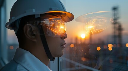 Double exposure image of engineers in a factory, silhouetted against a twilight sky, demonstrating the hard work and cutting-edge technology in electrical and mechanical work Illustration, Image, ,