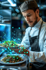 Chef Preparing Food in a Modern Kitchen With Digital Overlay