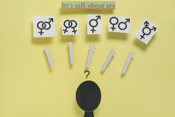 Composition with gender symbols on yellow background. Sex education