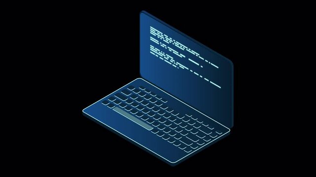 Isometric laptop animation. 3d isometric laptop computer. Abstract programming language and program code on a laptop screen. Transparent background with alpha channel