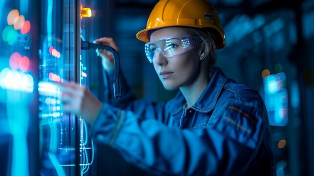 Double exposure image of engineers working in a twilight factory, demonstrating the dedication and modern technology driving their electrical and mechanical tasks Illustration, Image, , Minimalism,