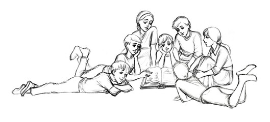 Pencil drawing. Kids reading a book