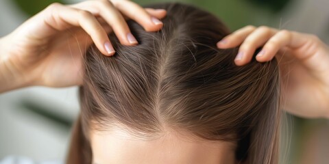Naklejka premium A top-down view of a woman using her hands to part her straight, neatly aligned hair under soft natural lighting.