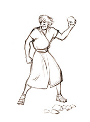 Pencil drawing. Man throw a big stone