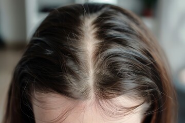 The top view of slightly thinning hair showing some scalp, indicative of mild hair loss and aging.
