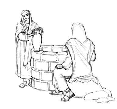 Christ and the Samaritan Woman at the Well. Pencil drawing