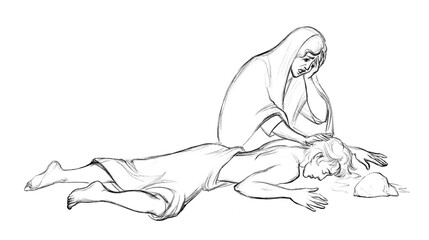 Pencil drawing. Adam and Eve cry over the dead Abel