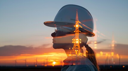 Double exposure of an engineer inspecting electrical systems, silhouetted against a twilight sky, highlighting the dedication and modern technology in industrial work Illustration, Image, ,