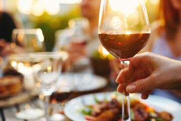 Happy family and friends dining and drinking red wine at the dinner party, Focus on wine glass