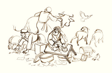 Jesus drives the sellers out of the temple. Pencil drawing