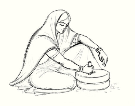 Pencil drawing. Woman working with a millstone