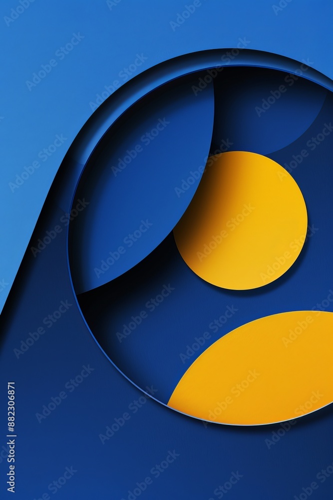 Poster A dynamic abstract artwork with bold blue and yellow tones, featuring overlapping geometric shapes creating depth and contrast.