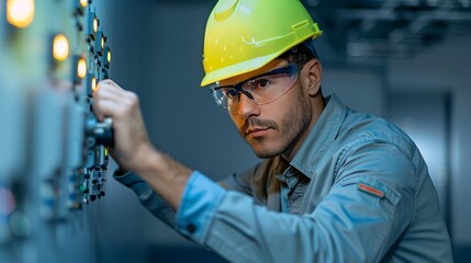 Double exposure of an engineer working on electrical systems at twilight, showcasing the hard work and modern technology in industrial settings Illustration, Image, , Minimalism,