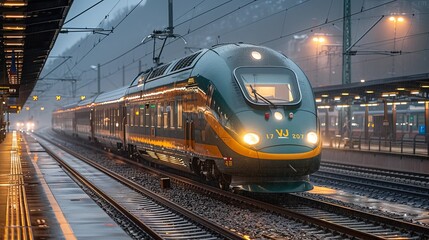 Fototapeta premium Green Train Departing Station in Rainy Weather