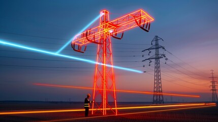 Double exposure of an engineer working on electrical systems in a twilight setting, highlighting the hard work and modern technology in industrial environments Illustration, Image, , Minimalism,
