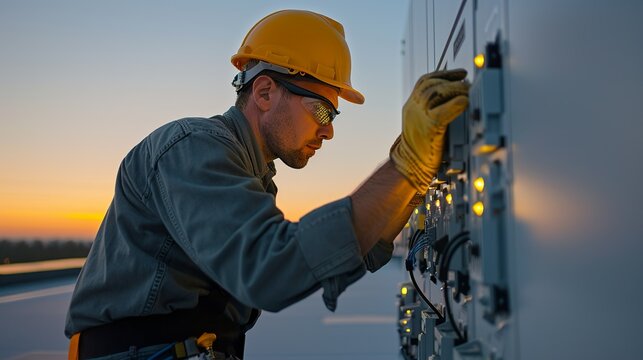 Double exposure of an engineer working on electrical systems, silhouetted against twilight, representing the hard work and modern technology in the industrial sector Illustration, Image, , Minimalism,