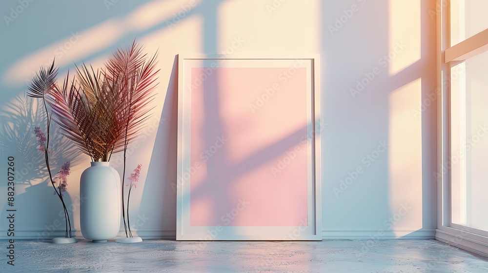 Canvas Prints A modern interior with a blank white frame surrounded by stylish plants, capturing the essence of sunlight and shadow interplay through large windows.