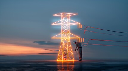 Double exposure of a technician repairing electrical equipment, silhouetted against a twilight sky, illustrating the dedication and modern technology in industrial work Illustration, Image, ,