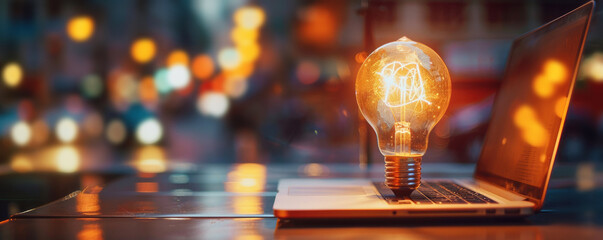 Illuminated light bulb on laptop in city