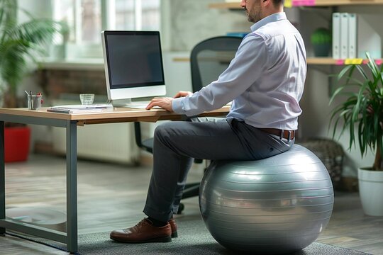 businessman sitting on a fitness ball at his desk using a computer in his office. - Powered by Adobe