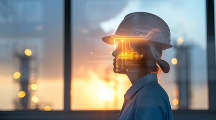 Silhouette of a technician at an oil refinery during twilight, with double exposure of advanced electrical systems, highlighting their hard work and technological advancements Illustration, Image, ,