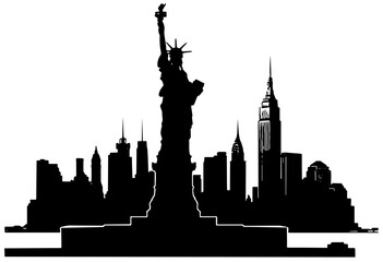 New York City Skyline with the Statue of Liberty, silhouette in black, isolated 