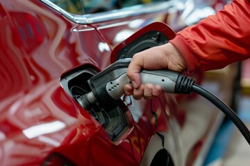 Charging an electric red car at a charging station