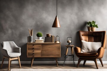 Books and lamp on rustic cupboard next to grey armchair with cushion against a wall with copy space in living room interior.