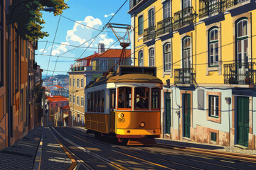 Vintage tram on Lisbon's sunny street