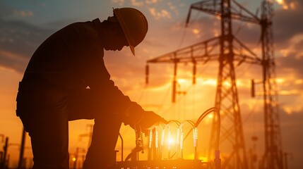 Silhouette of a technician working on electrical systems at twilight, combined with double exposure of advanced machinery, illustrating their hard work and technological progress Illustration, Image,